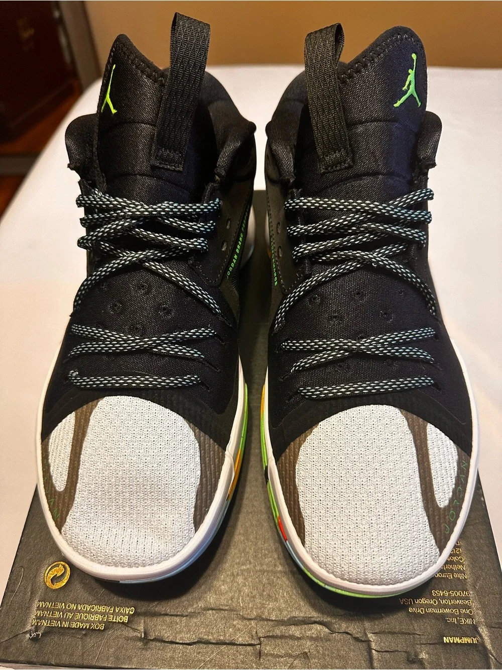 Jordan Men's Black Sneakers with White Toe and Rainbow Midsole Accent Box No Lid